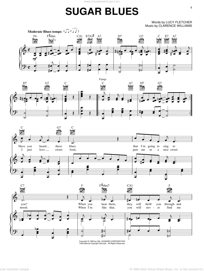 Sugar Blues sheet music for voice, piano or guitar by Clyde McCoy and his Orchestra, Clarence Williams and Lucy Fletcher, intermediate skill level