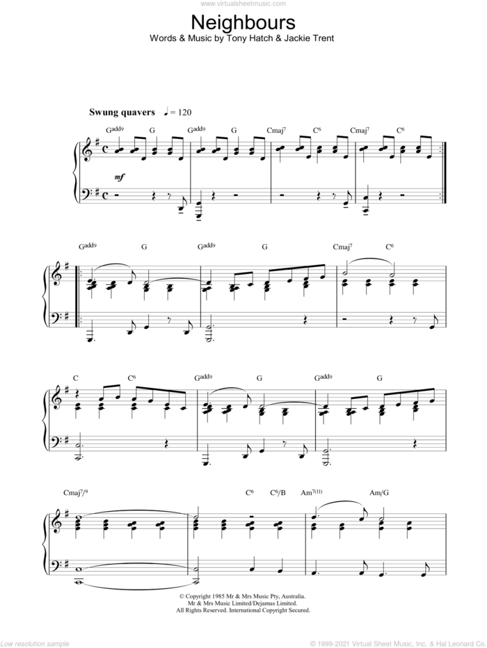 Theme From Neighbours, (intermediate) sheet music for piano solo by Tony Hatch and Jackie Trent, intermediate skill level