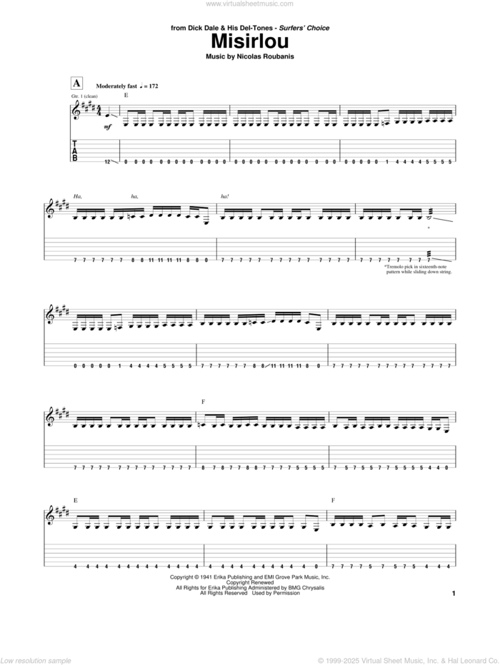 Misirlou sheet music for guitar (tablature) by Dick Dale, Fred Wise, Jose Pina, Milton Leeds, Nicolas Roubanis and Sidney Russell, intermediate skill level