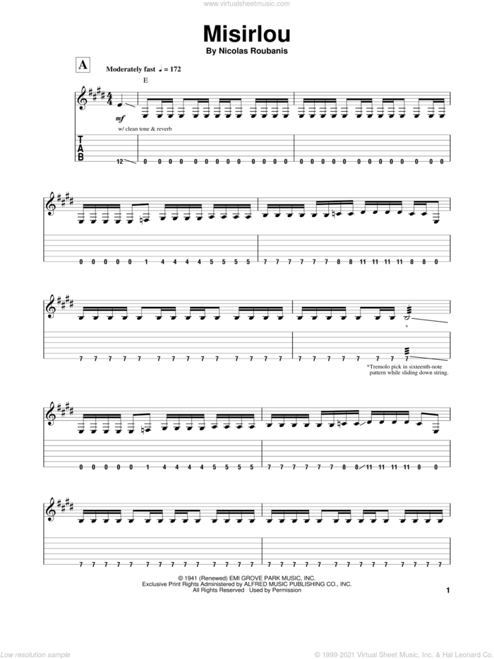 Misirlou sheet music for guitar (tablature, play-along) by Dick Dale, Fred Wise, Jose Pina, Milton Leeds, Nicolas Roubanis and Sidney Russell, intermediate skill level
