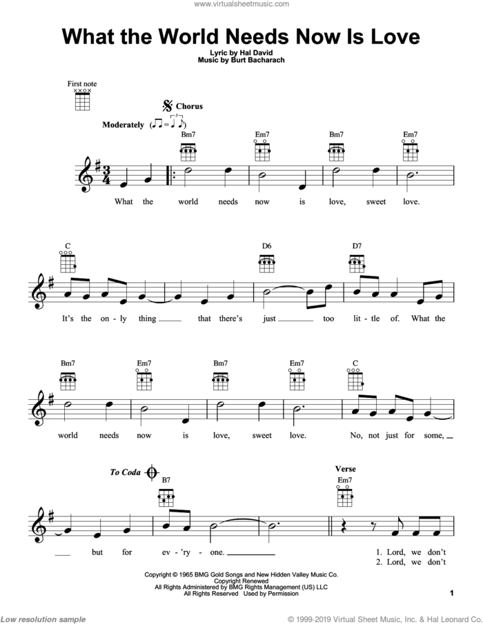 What The World Needs Now Is Love sheet music for ukulele by Bacharach & David, Jackie DeShannon, Burt Bacharach and Hal David, intermediate skill level