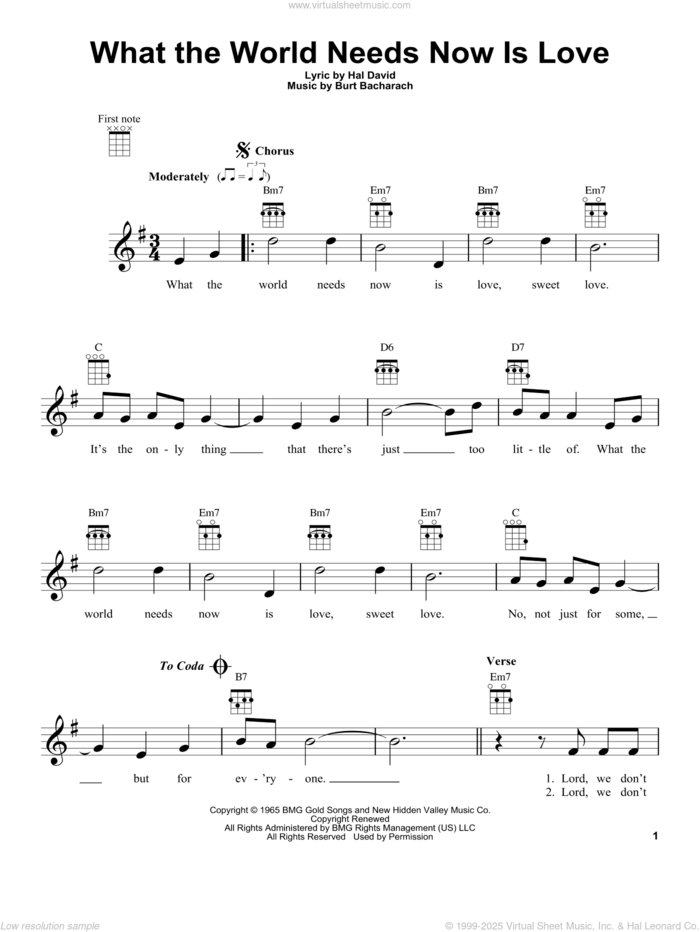 What The World Needs Now Is Love sheet music for ukulele by Bacharach & David, Jackie DeShannon, Burt Bacharach and Hal David, intermediate skill level