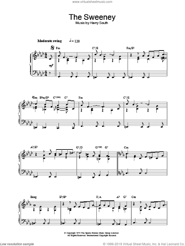 Theme from The Sweeney sheet music for piano solo by Harry South, Bob Russell and Bobby Scott, intermediate skill level
