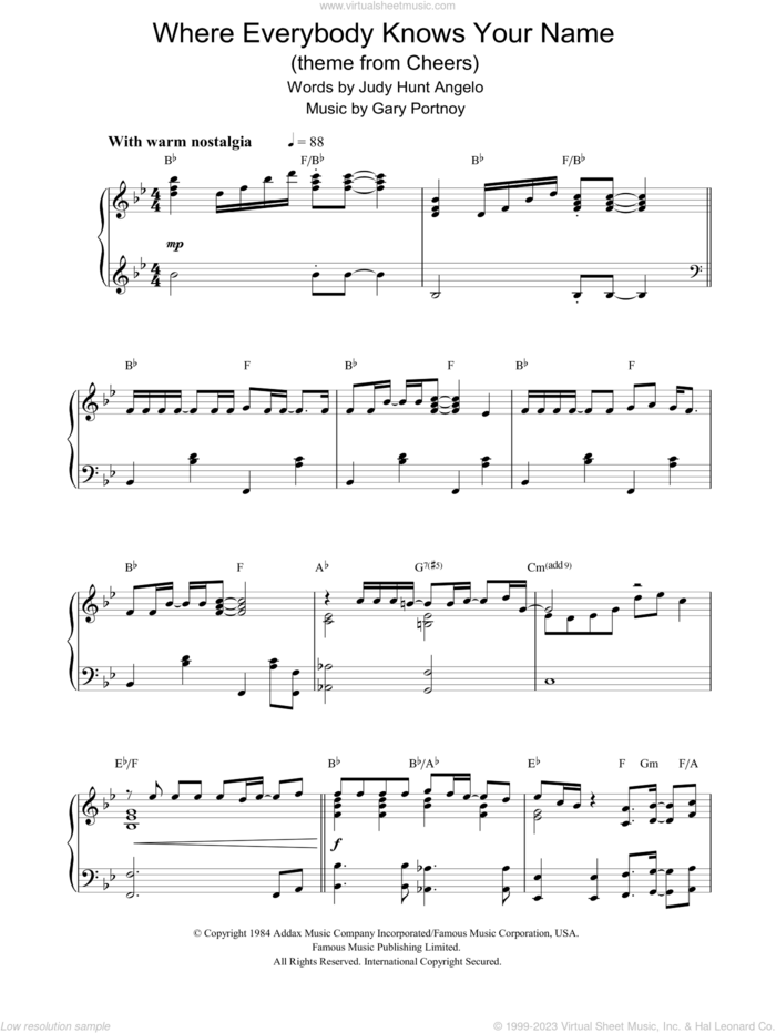 Where Everybody Knows Your Name, (intermediate) sheet music for piano solo by Gary Portnoy and Judy Hunt Angelo, intermediate skill level