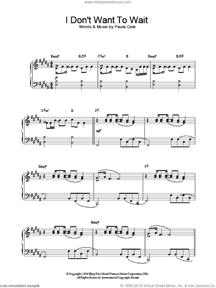 I Don't Want To Wait (theme from Dawson's Creek) sheet music for piano solo by Paula Cole, intermediate skill level
