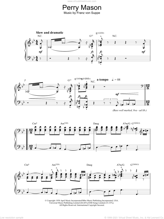 Theme from Perry Mason sheet music for piano solo by Fred Steiner and Franz Von Suppe, intermediate skill level