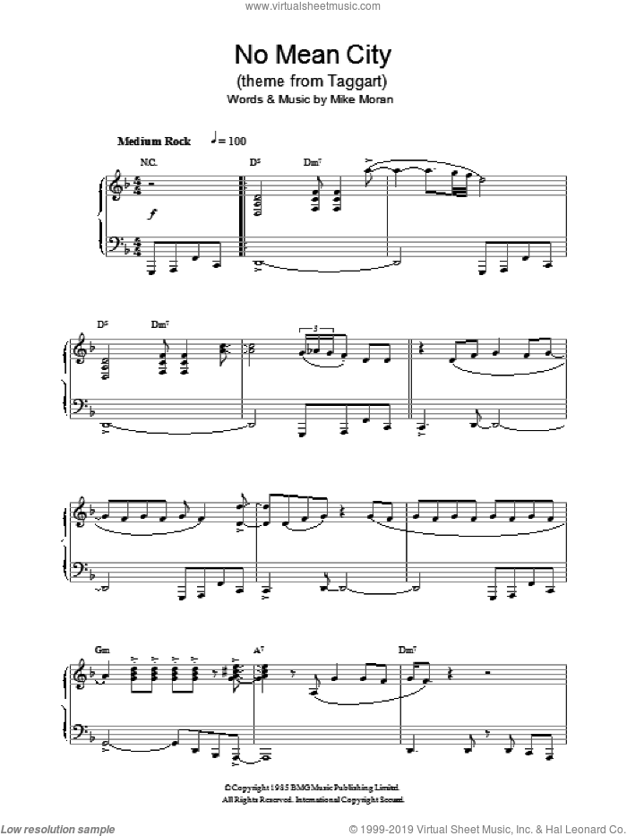 No Mean City (theme from Taggart) sheet music for piano solo by Mike Moran, intermediate skill level