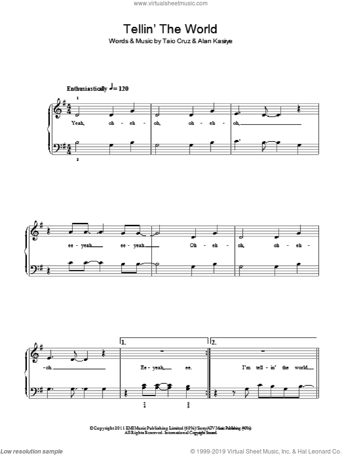 Telling The World sheet music for piano solo by Taio Cruz and Alan Kasirye, easy skill level