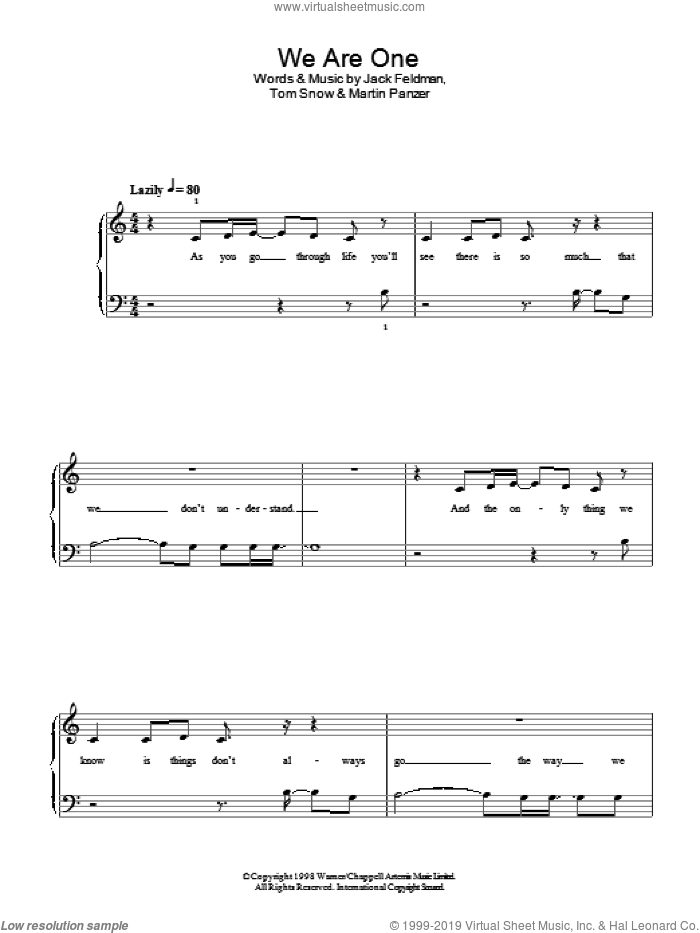 We Are One (from The Lion King II: Simba's Pride) sheet music for piano solo by Jack Feldman, Cam Clarke and Charity Sanoy, Marty Panzer and Tom Snow, easy skill level