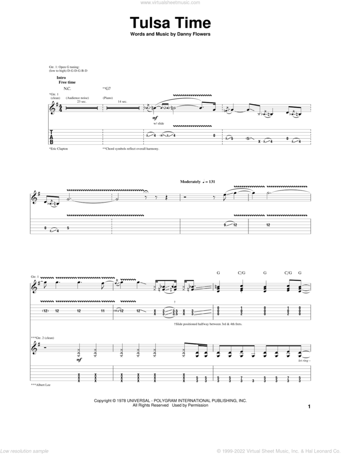 Tulsa Time sheet music for guitar (tablature) by Eric Clapton, Danny Flowers and Don Williams, intermediate skill level