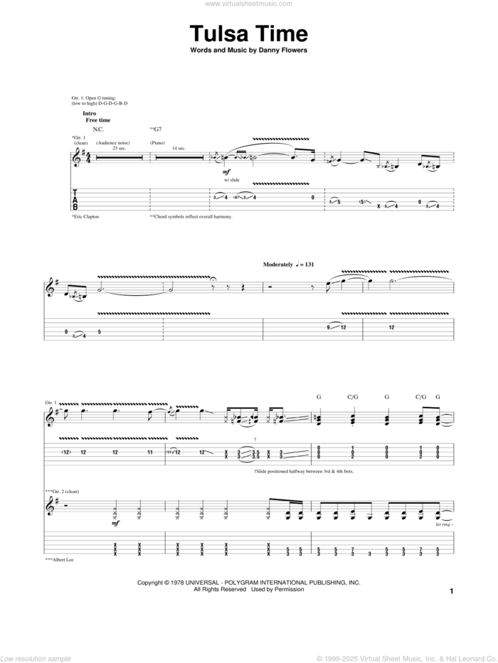 Tulsa Time sheet music for guitar (tablature) by Eric Clapton, Danny Flowers and Don Williams, intermediate skill level