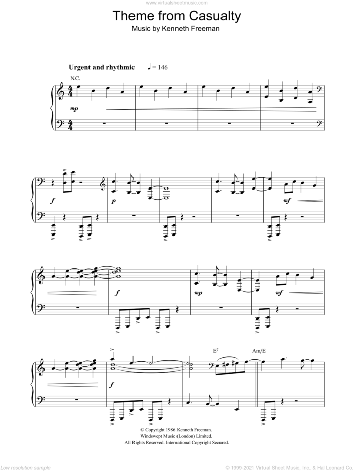 Theme from Casualty sheet music for piano solo by Kenneth Freeman, intermediate skill level