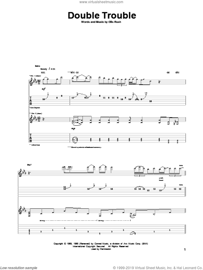 Double Trouble sheet music for guitar (tablature) by Eric Clapton and Otis Rush, intermediate skill level
