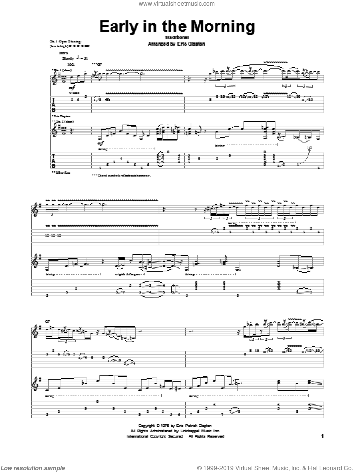 Early In The Morning sheet music for guitar (tablature) by Eric Clapton and Miscellaneous, intermediate skill level