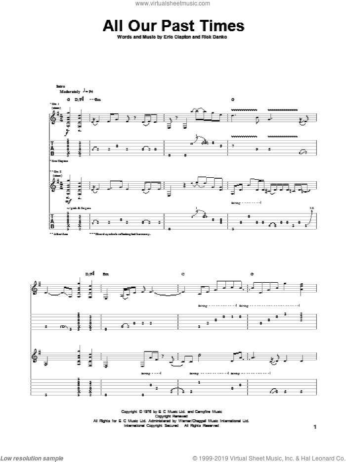 All Our Past Times sheet music for guitar (tablature) by Eric Clapton and Rick Danko, intermediate skill level