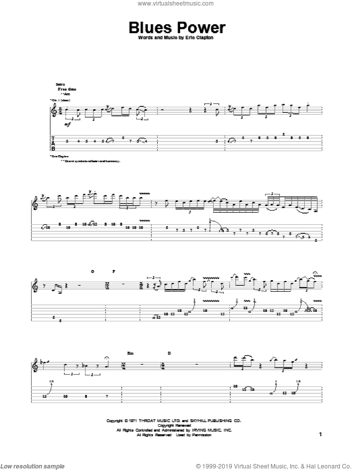 Blues Power sheet music for guitar (tablature) by Eric Clapton, intermediate skill level