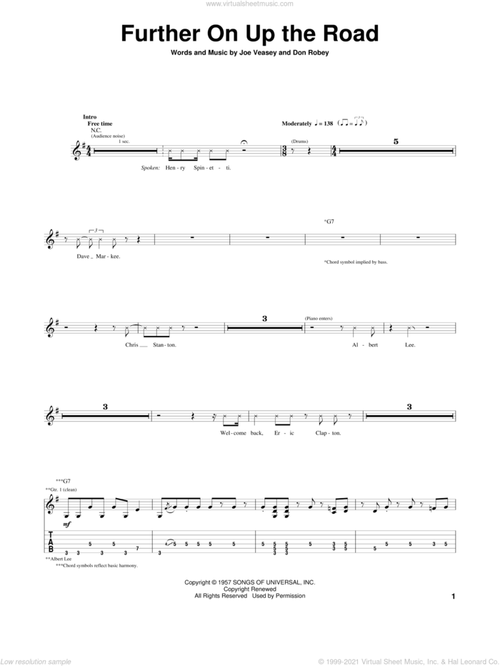 Further On Up The Road sheet music for guitar (tablature) by Eric Clapton, Don Robey and Joe Veasey, intermediate skill level