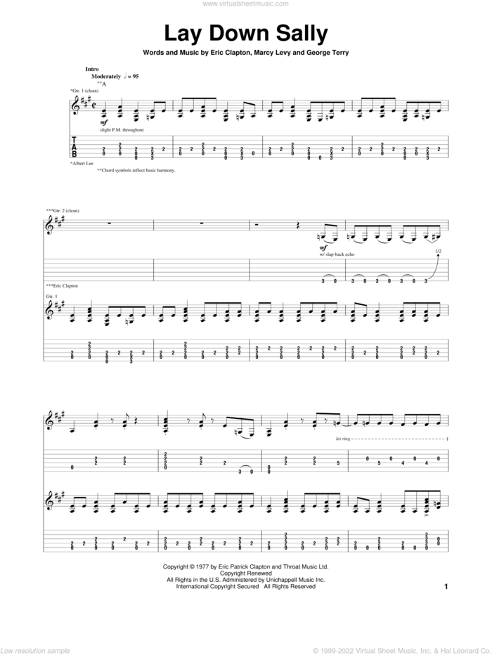 Lay Down Sally sheet music for guitar (tablature) by Eric Clapton, George Terry and Marcy Levy, intermediate skill level