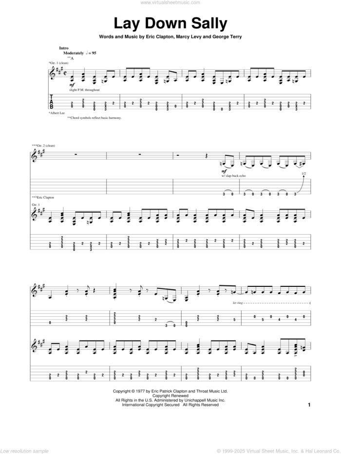 Lay Down Sally sheet music for guitar (tablature) by Eric Clapton, George Terry and Marcy Levy, intermediate skill level