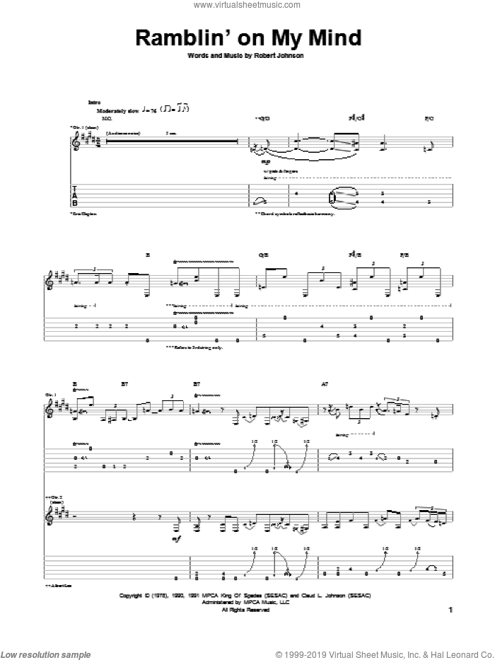 Ramblin' On My Mind sheet music for guitar (tablature) by Eric Clapton and Robert Johnson, intermediate skill level