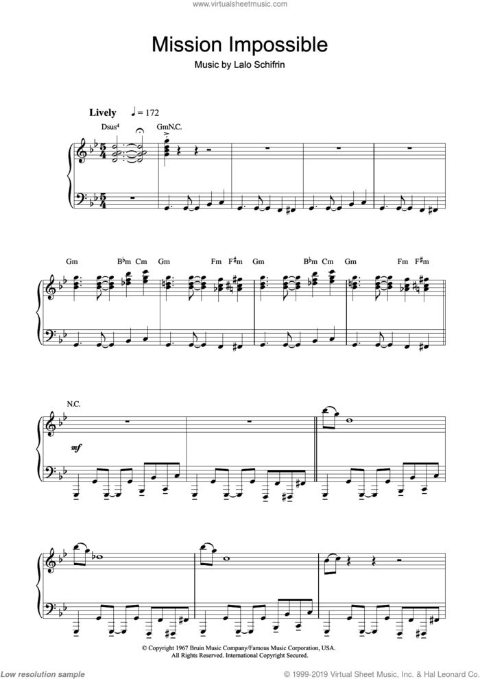 Mission: Impossible Theme (Mission Accomplished) sheet music for piano solo by Lalo Schifrin, intermediate skill level