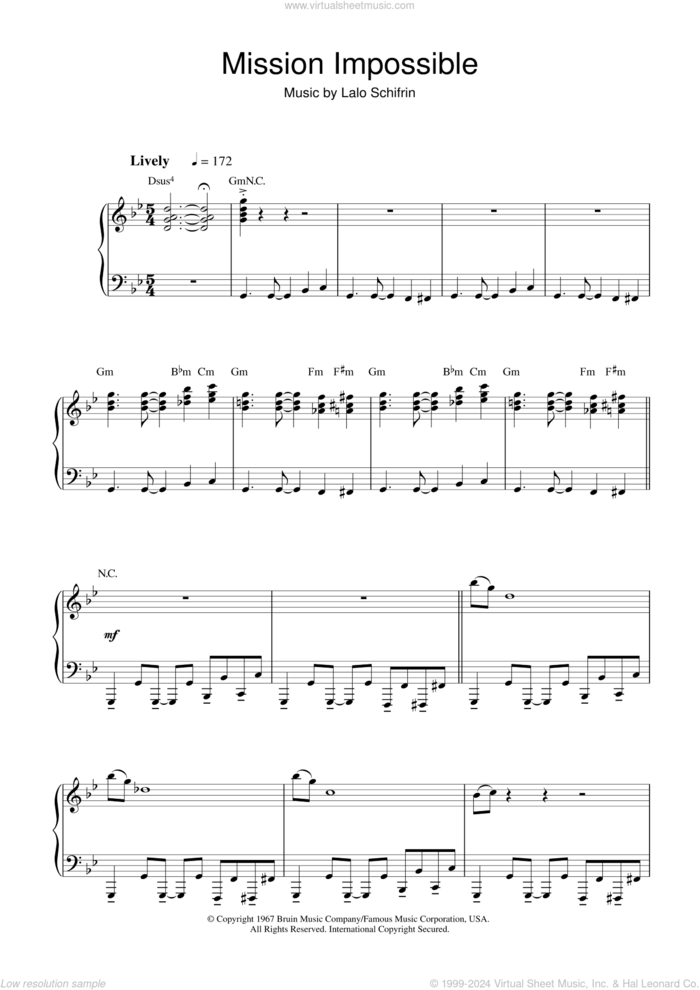 Mission: Impossible Theme (Mission Accomplished) sheet music for piano solo by Lalo Schifrin, intermediate skill level