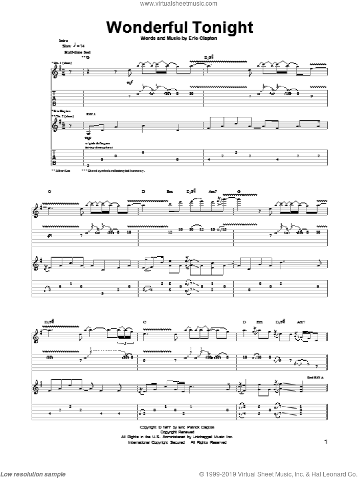 Wonderful Tonight sheet music for guitar (tablature) by Eric Clapton and David Kersh, wedding score, intermediate skill level