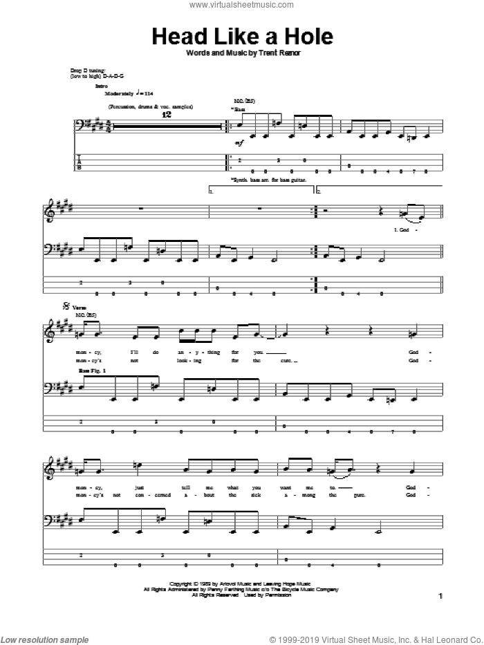 Head Like A Hole sheet music for bass (tablature) (bass guitar) by Nine Inch Nails and Trent Reznor, intermediate skill level