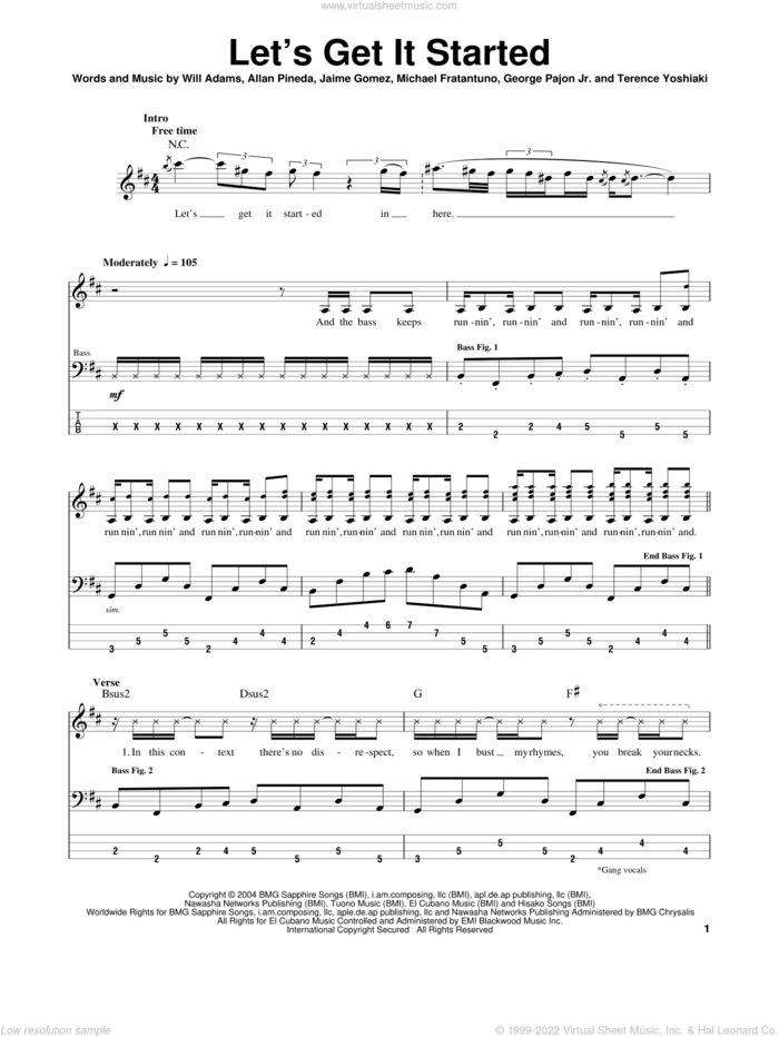 Let's Get It Started sheet music for bass (tablature) (bass guitar) by Will Adams, Black Eyed Peas, Allan Pineda, George Pajon Jr., Jaime Gomez, Michael Fratantuno and Terence Yoshiaki, intermediate skill level