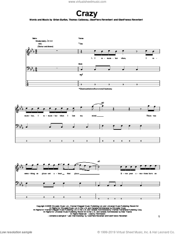 Crazy sheet music for bass (tablature) (bass guitar) by Gnarls Barkley, Brian Burton, Gianfranco Reverberi, GianPiero Reverberi and Thomas Callaway, intermediate skill level