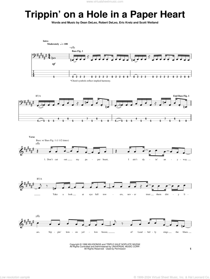 Trippin' On A Hole In A Paper Heart sheet music for bass (tablature) (bass guitar) by Stone Temple Pilots, Dean DeLeo, Eric Kretz, Robert DeLeo and Scott Weiland, intermediate skill level