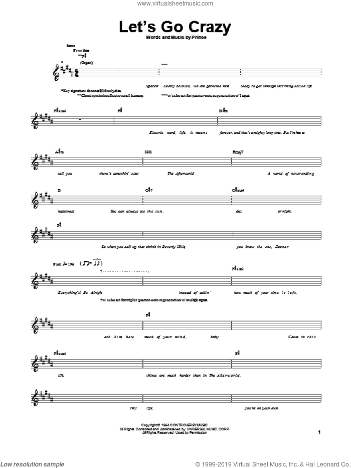 Let's Go Crazy sheet music for bass (tablature) (bass guitar) by Prince, intermediate skill level