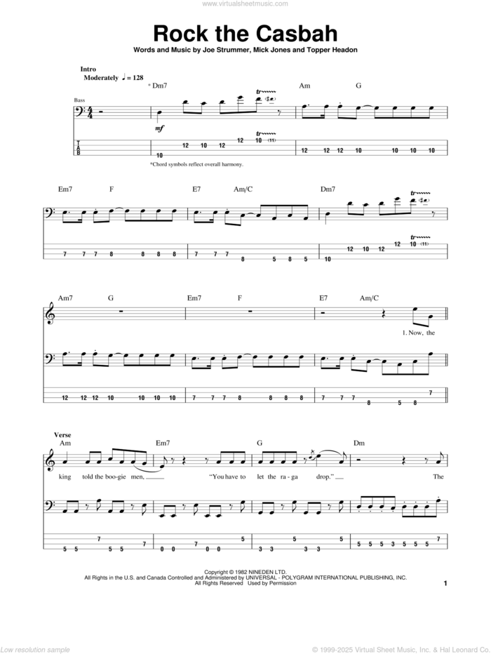 Rock The Casbah sheet music for bass (tablature) (bass guitar) by The Clash, Joe Strummer, Mick Jones and Topper Headon, intermediate skill level
