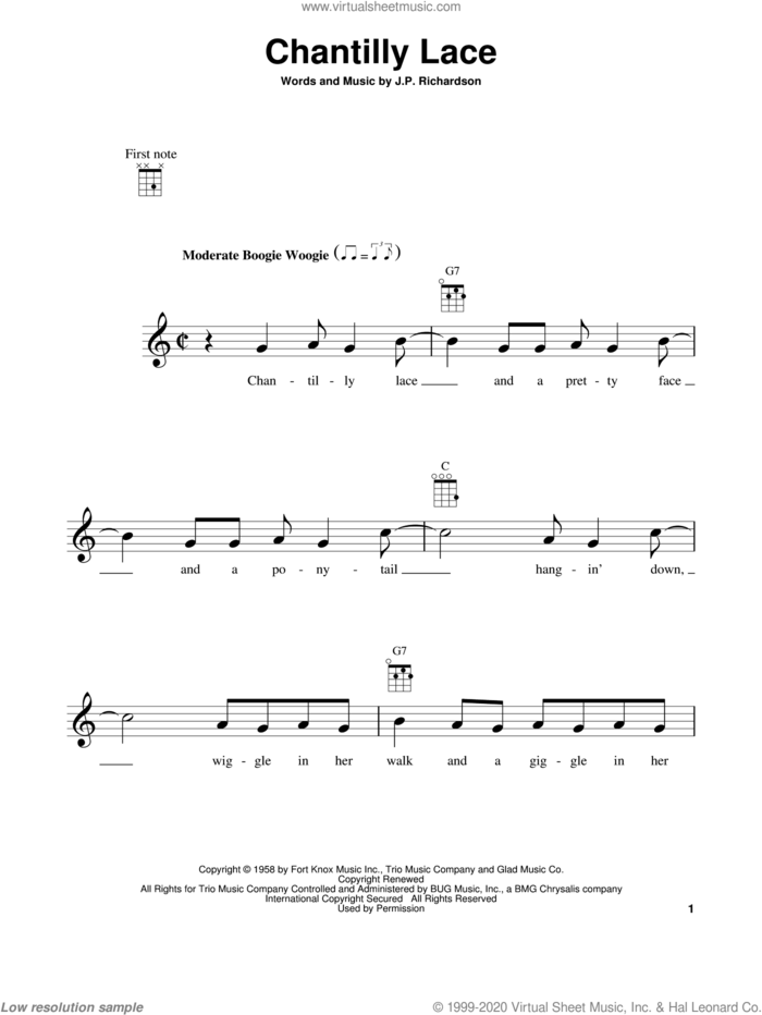 Chantilly Lace sheet music for ukulele by The Big Bopper and J.P. Richardson, intermediate skill level
