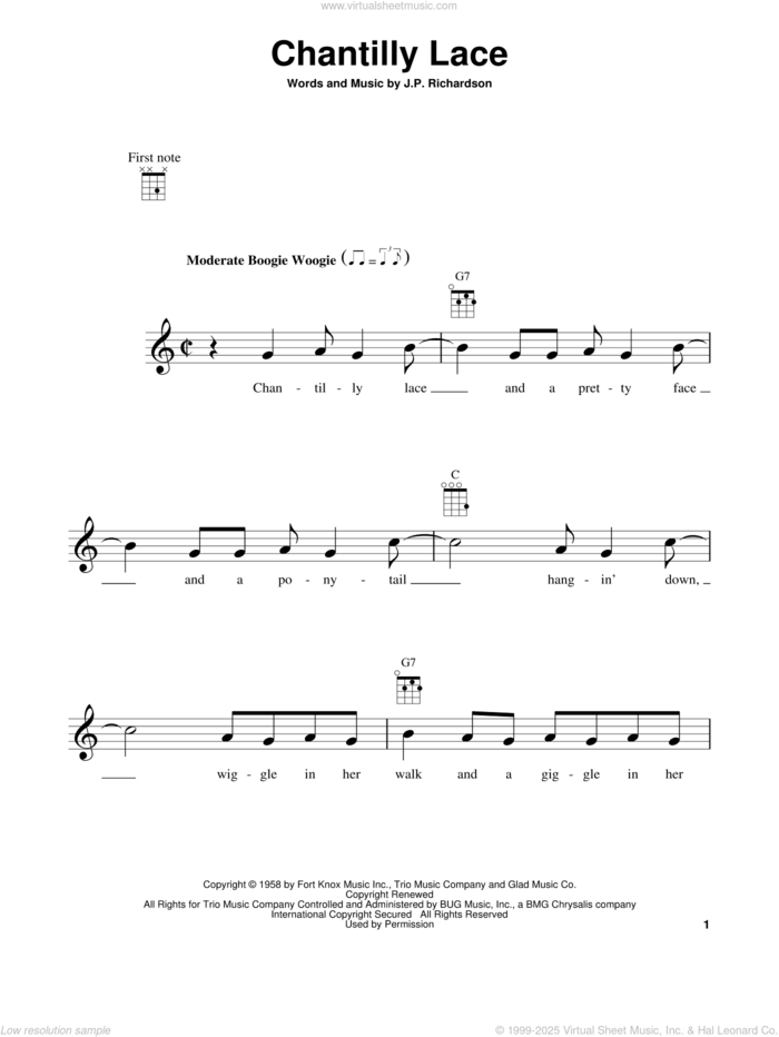 Chantilly Lace sheet music for ukulele by The Big Bopper and J.P. Richardson, intermediate skill level