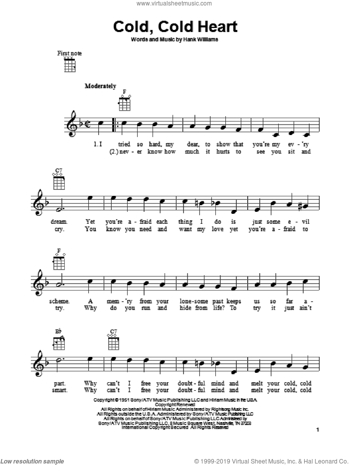 Cold, Cold Heart sheet music for ukulele by Hank Williams, intermediate skill level