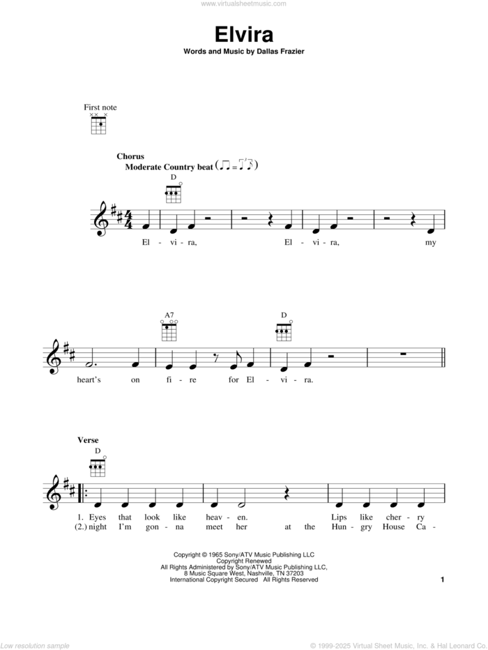 Elvira sheet music for ukulele by Oak Ridge Boys and Dallas Frazier, intermediate skill level