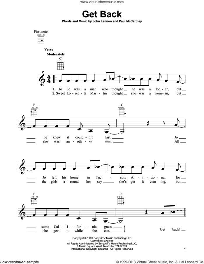 Get Back sheet music for ukulele by The Beatles, John Lennon and Paul McCartney, intermediate skill level