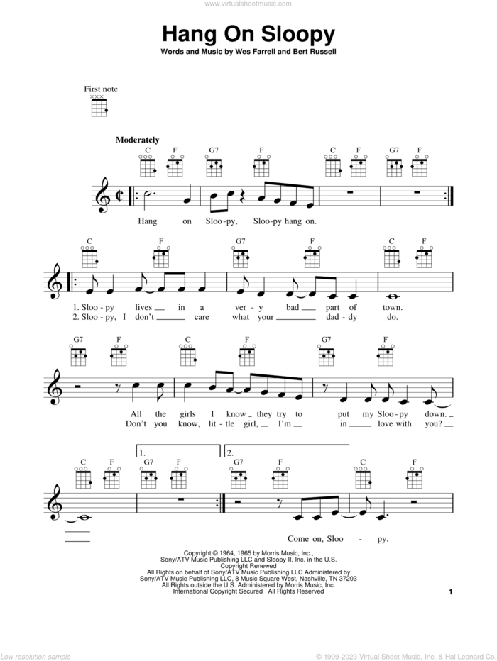 Hang On Sloopy sheet music for ukulele by The McCoys, Bert Russell and Wes Farrell, intermediate skill level