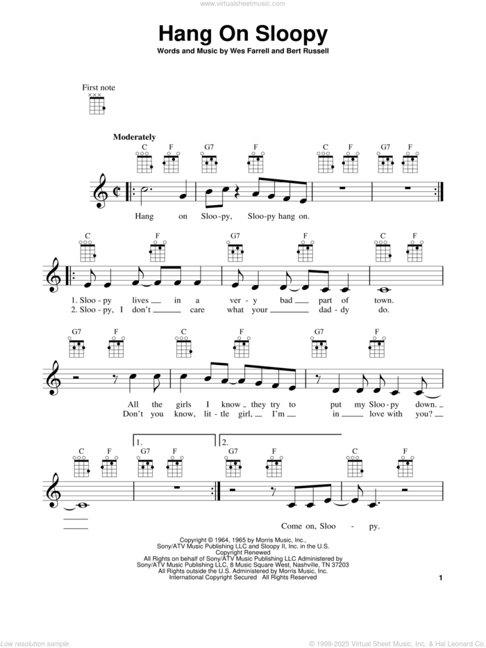 Hang On Sloopy sheet music for ukulele by The McCoys, Bert Russell and Wes Farrell, intermediate skill level