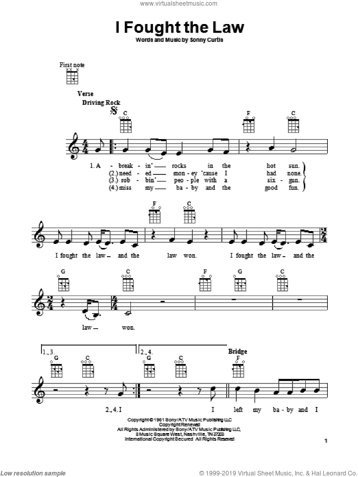 I Fought The Law sheet music for ukulele by Bobby Fuller Four and Sonny Curtis, intermediate skill level