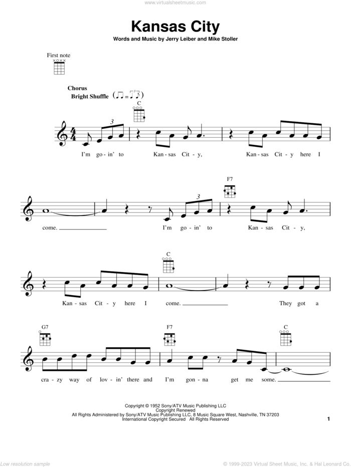 Kansas City sheet music for ukulele by Wilbert Harrison, Jerry Leiber and Mike Stoller, intermediate skill level