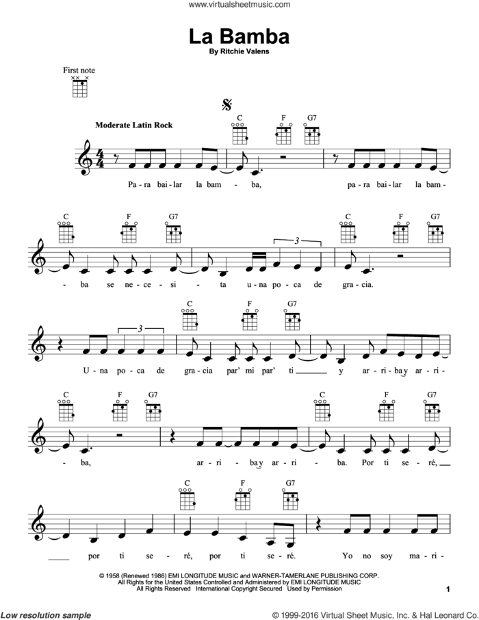 La Bamba sheet music for ukulele by Ritchie Valens, intermediate skill level