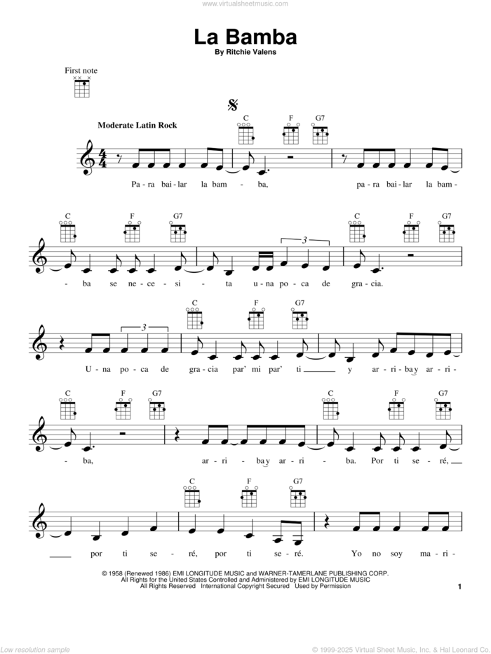 La Bamba sheet music for ukulele by Ritchie Valens, intermediate skill level