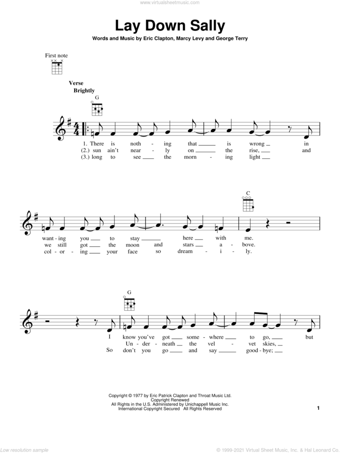 Lay Down Sally sheet music for ukulele by Eric Clapton, George Terry and Marcy Levy, intermediate skill level