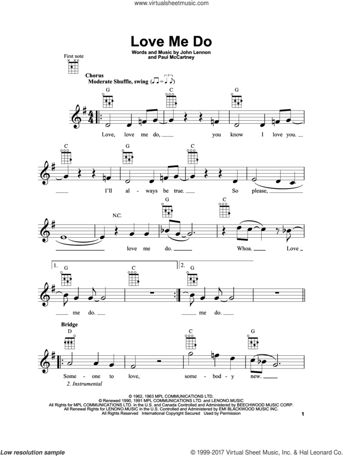 Love Me Do sheet music for ukulele by The Beatles, John Lennon and Paul McCartney, intermediate skill level