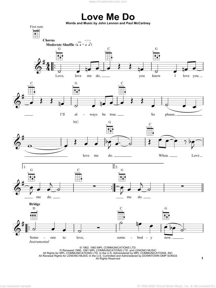 Love Me Do sheet music for ukulele by The Beatles, John Lennon and Paul McCartney, intermediate skill level