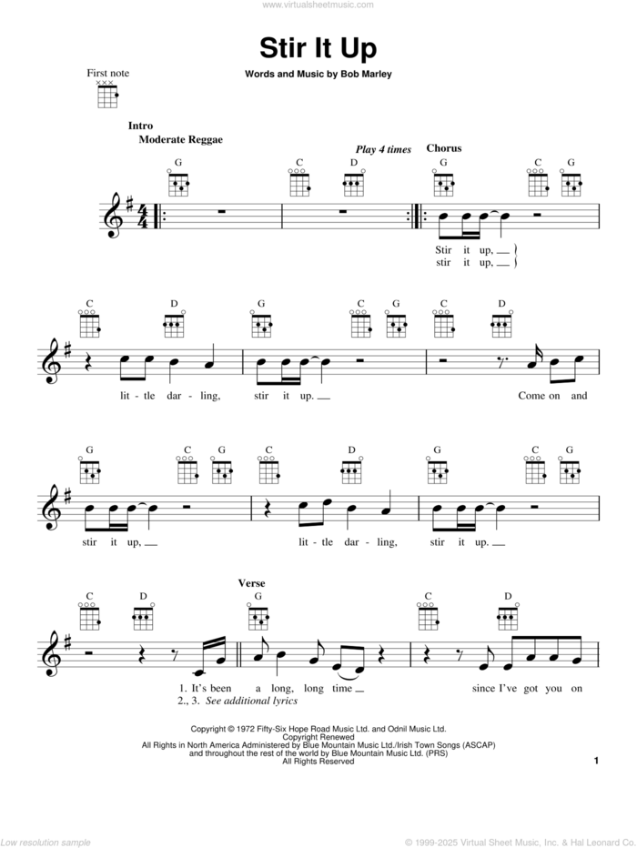 Stir It Up sheet music for ukulele by Bob Marley, intermediate skill level