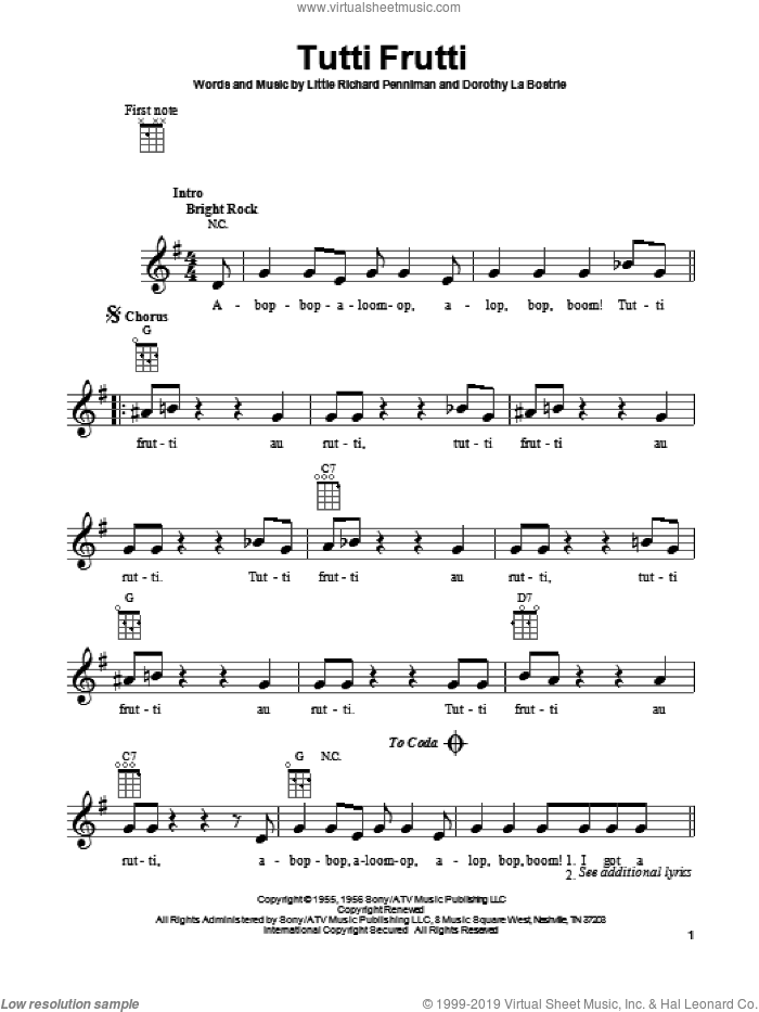 Tutti Frutti sheet music for ukulele by Little Richard, Dorothy La Bostrie and Richard Penniman, intermediate skill level