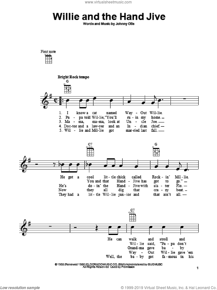 Willie And The Hand Jive sheet music for ukulele by Johnny Otis, intermediate skill level